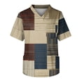 thumbnail image 3 of Domuza Men Scrub Top Plaid Stripe Printed V Neck Short Sleeve Nursing Uniform Loose Fit Comfy Soft Medical Workwear with 3 Pockets Khaki 5XL, 3 of 4