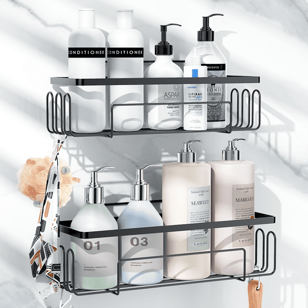 Koovon Bathroom Shelf Organizer,  Shower Shelves Stainless Steel Self Adhesive Shower Caddy, Rustproof Wall Mount Bathroom Rack Storage Organizer for Bathroom, 2 Pcs Black