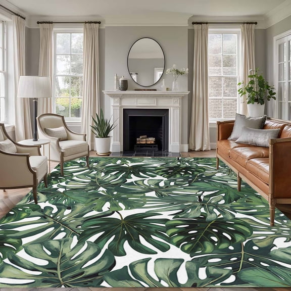 Green Palm Leaves Large Area Rug 8x10 FT, Non Slip Living Room Throw Carpet, Summer Tropical Leaf Vintage Washable Soft Indoor Outdoor Carpet Non-Shedding Rug for Bedroom Dining Room