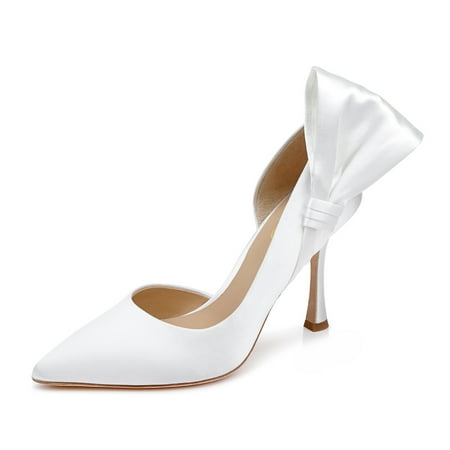 XYD Women Graceful Pointed Closed Toe Bow Side Pumps Stiletto High Heels Slip-on D Orsay Elegant Bridal Ladies Shoes Size 9 White