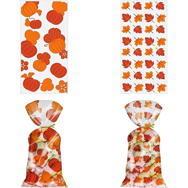 Tal 100 Bolsa de bocadillos de celofán de Acción de Gracias Fiesta de la cosecha de otoño Envasado de galletas Patrón de hoja de arce de calabaza transparente Suministros de dulces Nudos de oro, Ora
