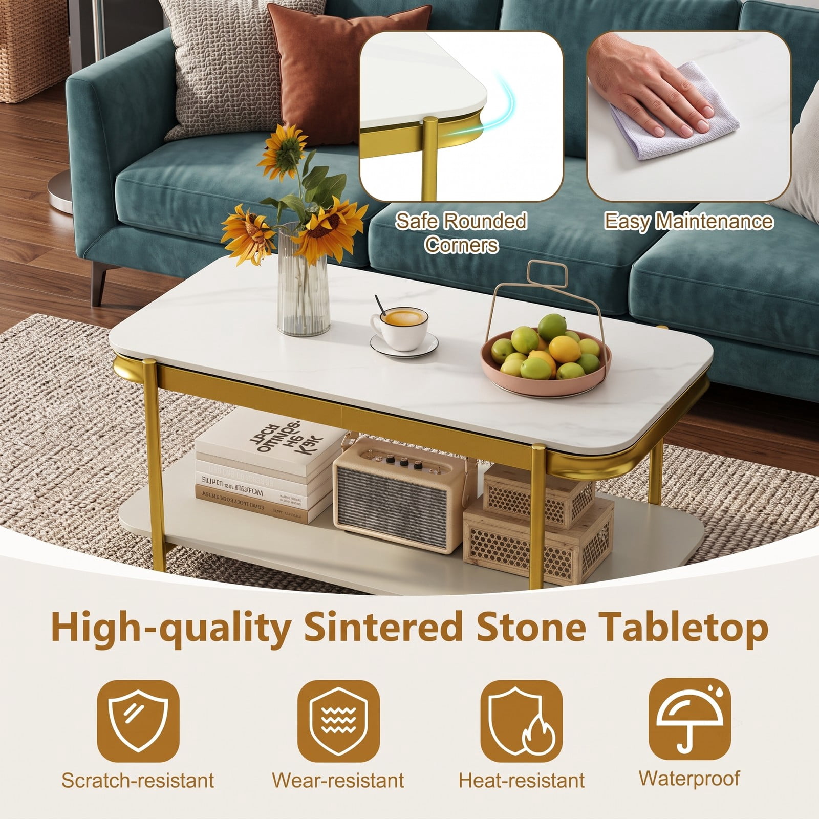 Furnibear 2-Tier Modern Rectangular Coffee Table with Sintered Stone Top, Living Room Center Table with Open Storage Shelf, Scratch-Resistant Waterproof Metal, White