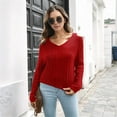 thumbnail image 2 of Women'S Casual V Neck Long Sleeve Chunky Knit Off Shoulder Pullover Tops Red S, 2 of 6