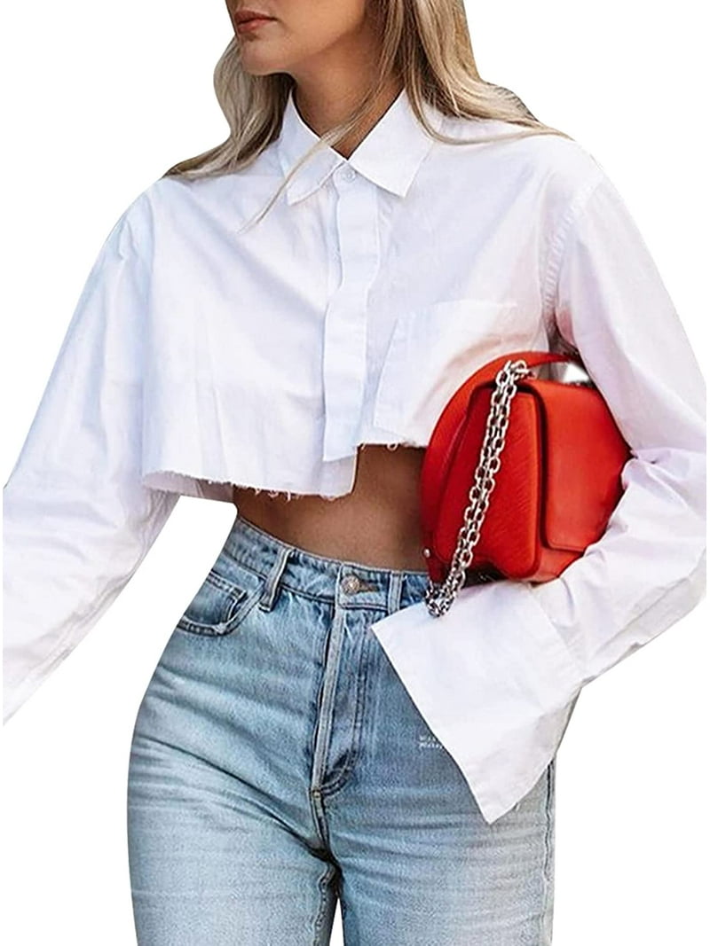 Roaso Women's Asymmetrical Crop Top Long Sleeve Blouse