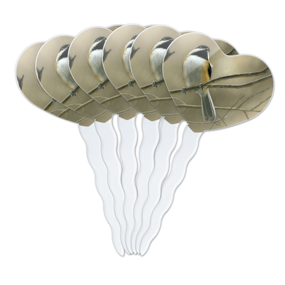 Black-Capped Chickadee Bird Songbird on Tree Branch Heart Love Cupcake Picks Toppers Decoration Set of 6