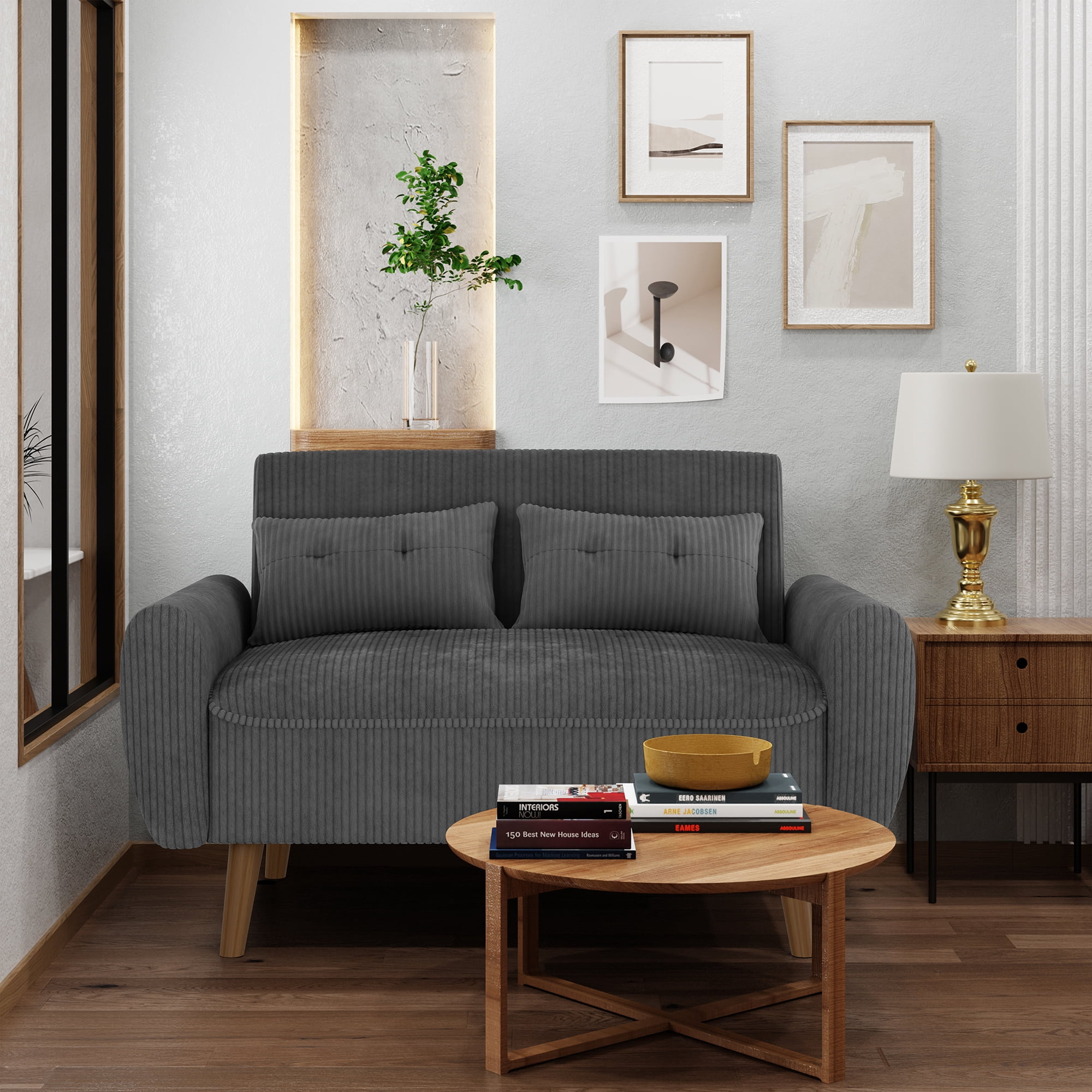 Walsunny 49" Loveseat Sofa Couch, 2-Seat Fabric Upholstered Sofa with 2 Removable Pillows, Modern Loveseat Couch, Wood Leg, Dark Gray