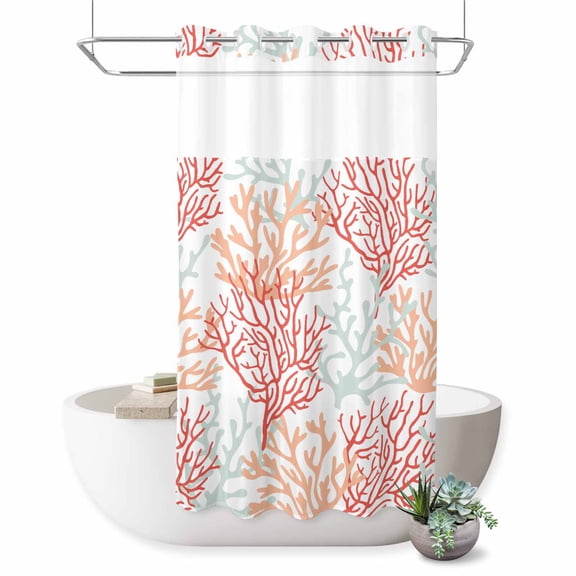No Hook Shower Curtain, Red Orange Grey Coral Coastal Shower Curtains for Bathroom with See Through Top Window, Summer Beach Seaside Nautical Waterproof & Washable Bath Curtain Stand Up Stall 36"x72"