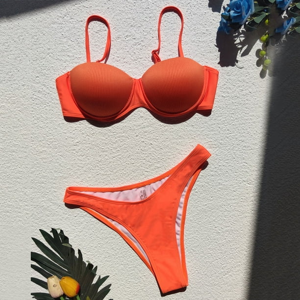 PMUYBHF Female Swimsuit Women Tankini with Shorts Women's Bikinis set Push  Up Bh High Tail Two Pieces Orange Bathing Suits New Summer Womens Swimwear