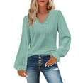 thumbnail image 2 of Endives Womens Long Sleeve Shirts Solid Color V Neck T Shirt Hollow Out Casual Pleated Sleeve Lace Sleeve Top Fall Light Green, 2 of 5