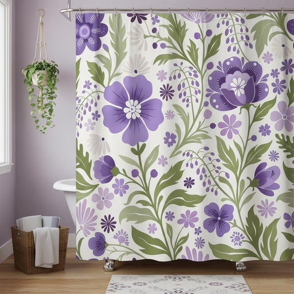 Cute Floral Shower Curtain, Boho Sage Green Purple Abstract Flower Plants Retro Matisse Groovy Funky Trendy Aesthetic Polyester Fabric Waterproof Bathroom Shower Curtain Decor with Hooks