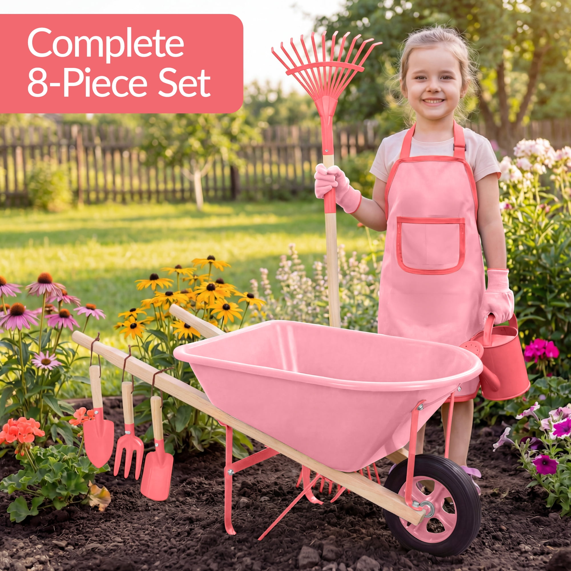 Best Choice Products Kids Wheelbarrow Gardening Tool Set 8 Piece with Metal Tools, Apron, Gloves Ages 3+ - Pink/Pink