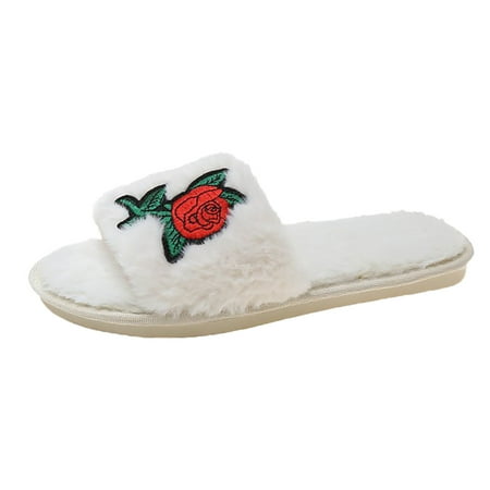 

Open Toe Slippers For Women Rose Pattern Flat Slippers Non-slip Plush Slippers