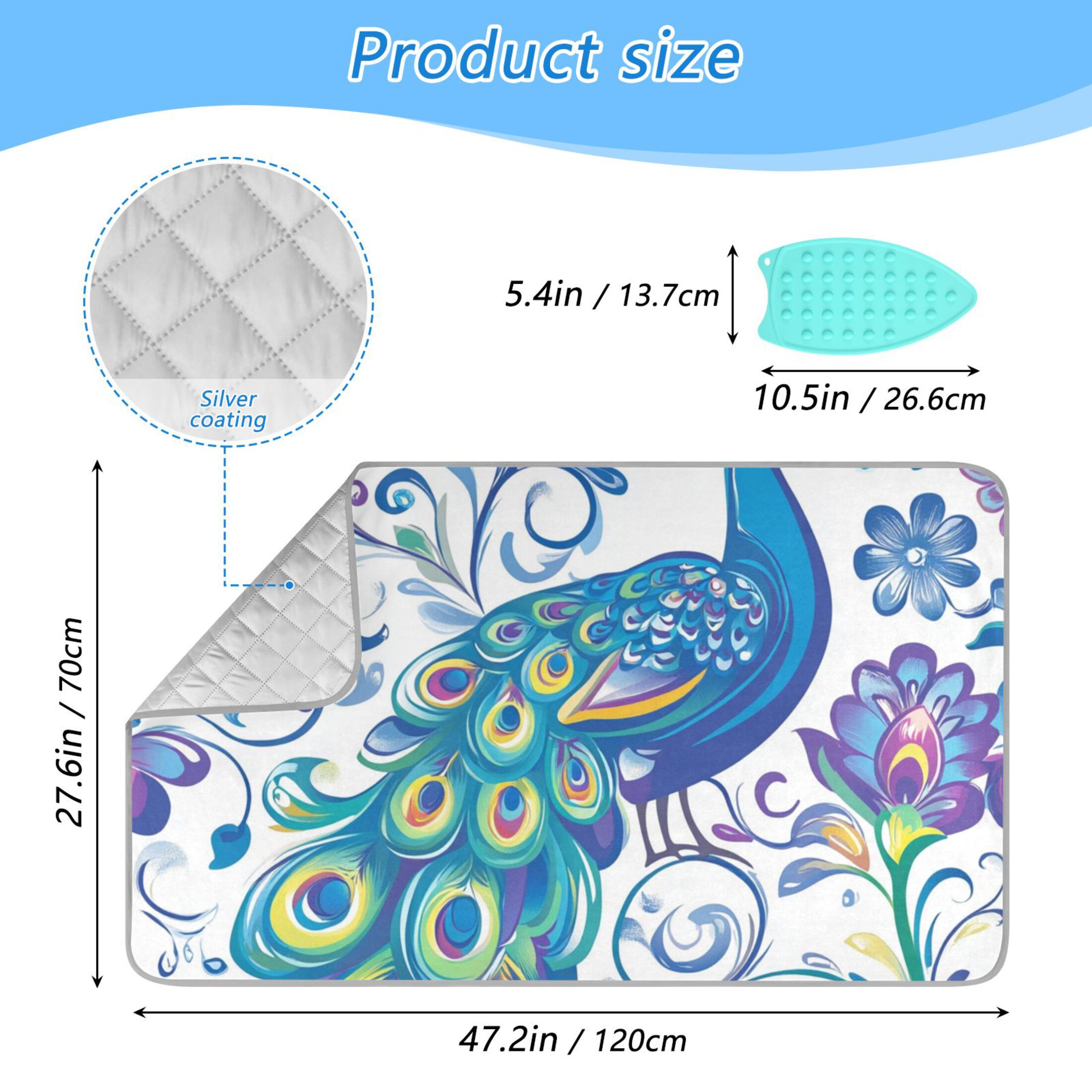 Peacock Elegant Flowers Hand Painted Ironing Mat Blanket Portable Travel Ironing Pad Heat Resistant Pad 47.2" x 27.6”