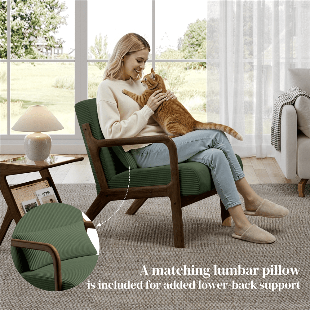 Renwick Corduroy Accent Armchair with Solid Wood Legs, Dark Green