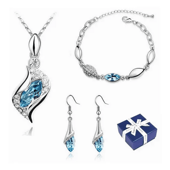 Conjunto De Collar, Aretes Y Brazalete Color Plata con Azul Claro Malubero Malu1693