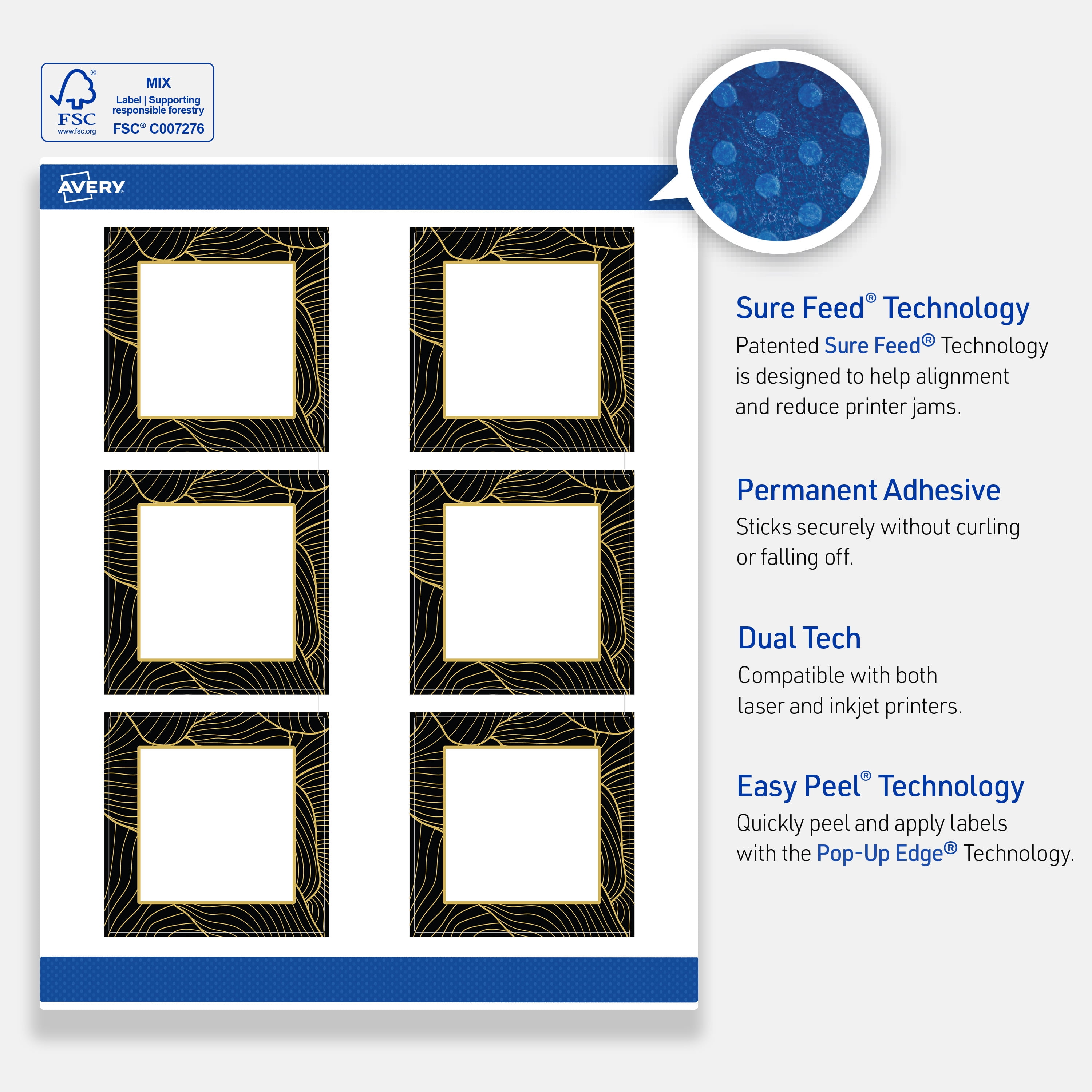Avery Labels, 3" x 3", Matte White, Black Border/Gold Veins