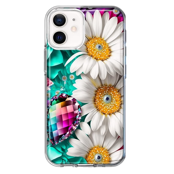 MUNDAZE Apple iPhone 12 Colorful Crystal White Daisies Rainbow Gems Teal Double Layer Phone Case Cover