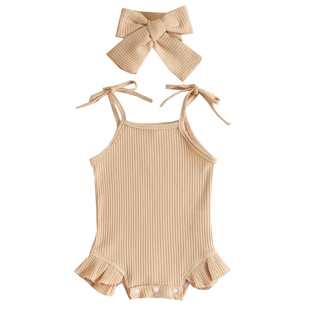 Infant Baby Girls Sleeveless Solid Color Ribbed Ruffles Romper Bodysuits With Headbands Outfits For Kids Vêtements Pour Enfants Size 9-12 Months