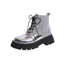 Dasayo Silver Womans Boots Ankle Motorcycle Chunky Low Heel Lace up Riding Sparkle Boots Women Shoes 37