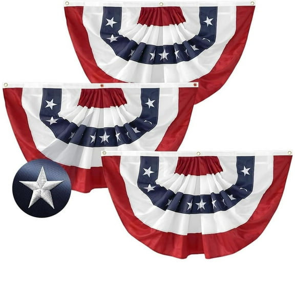 Tivamiko 3pcs 2x4ft Patriotic Pleated Fan Flags with Embroidered Stars- American Bunting for 4th of July Porch & Garden Décor