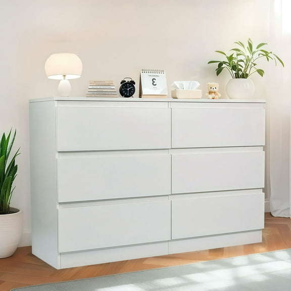 6 Drawer White Dresser with Spacious Countertop, Wood Storage Cabinet for Bedroom, Living Room, Entryway