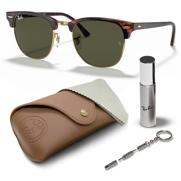 Ray-Ban RB3016 CLUBMASTER CLASSIC Square Shaped Non-Polarized Sunglasses for Men & Women - Includes Official RAYBAN Eyewear Kit - Ideal Formal & Casual Wear Sunglasses - G-15 Green Lens