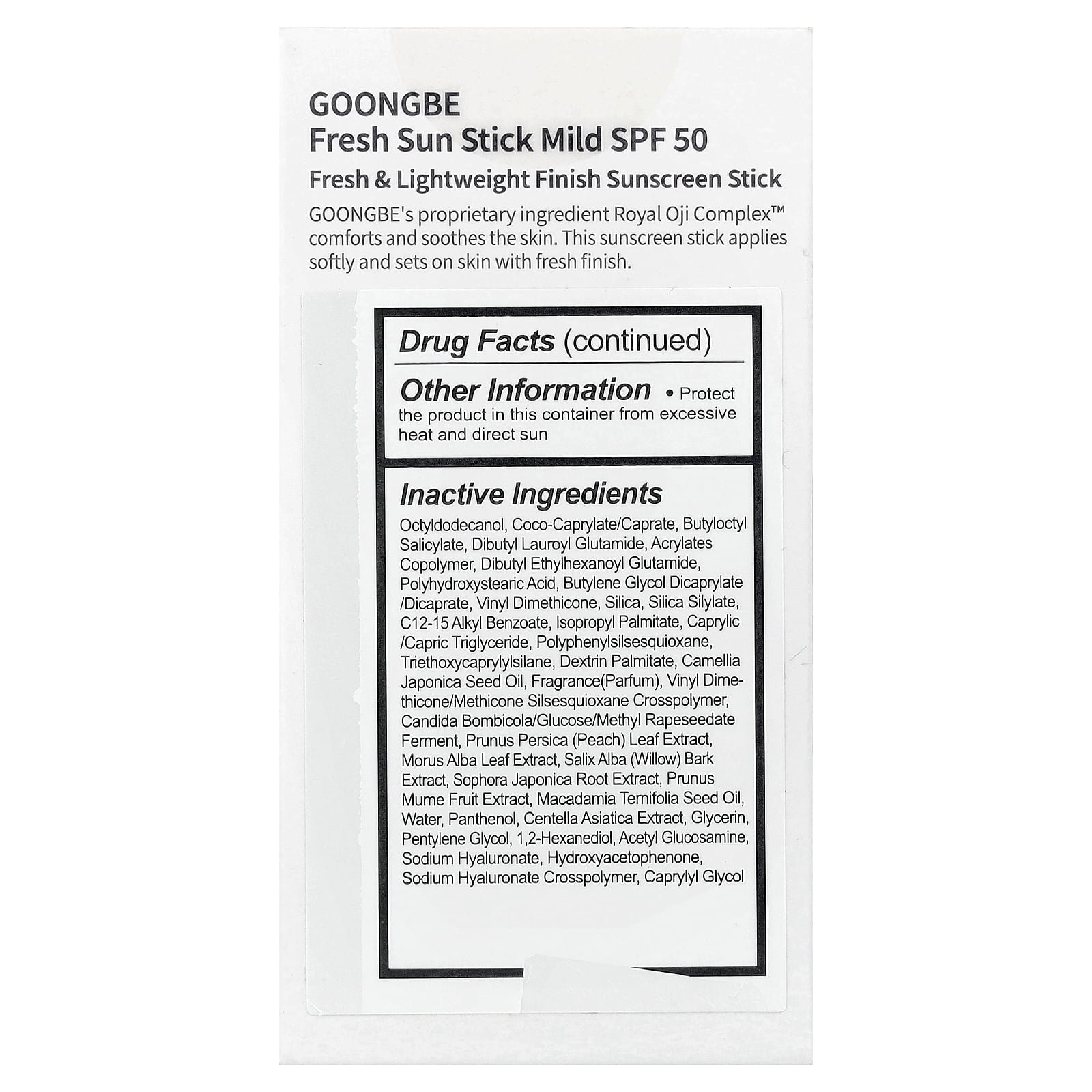 Goongbe Fresh Sun Stick Sunscreen, Mild, SPF 50, 0.81 oz (23 g)