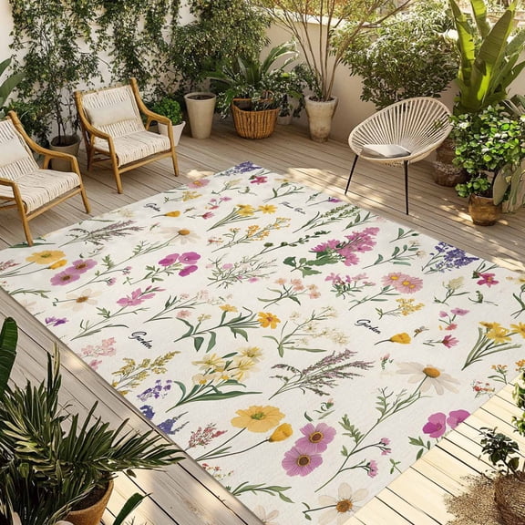 Fsddascl Wildflowers Outdoor Rug for Patio/Deck/Porch, Non-Slip Large Area Rug 5 x 8 Ft, Blossoming Botanical Prints Garden Floral Indoor Outdoor Rugs Washable Area Rugs, Camping Rug Carpet