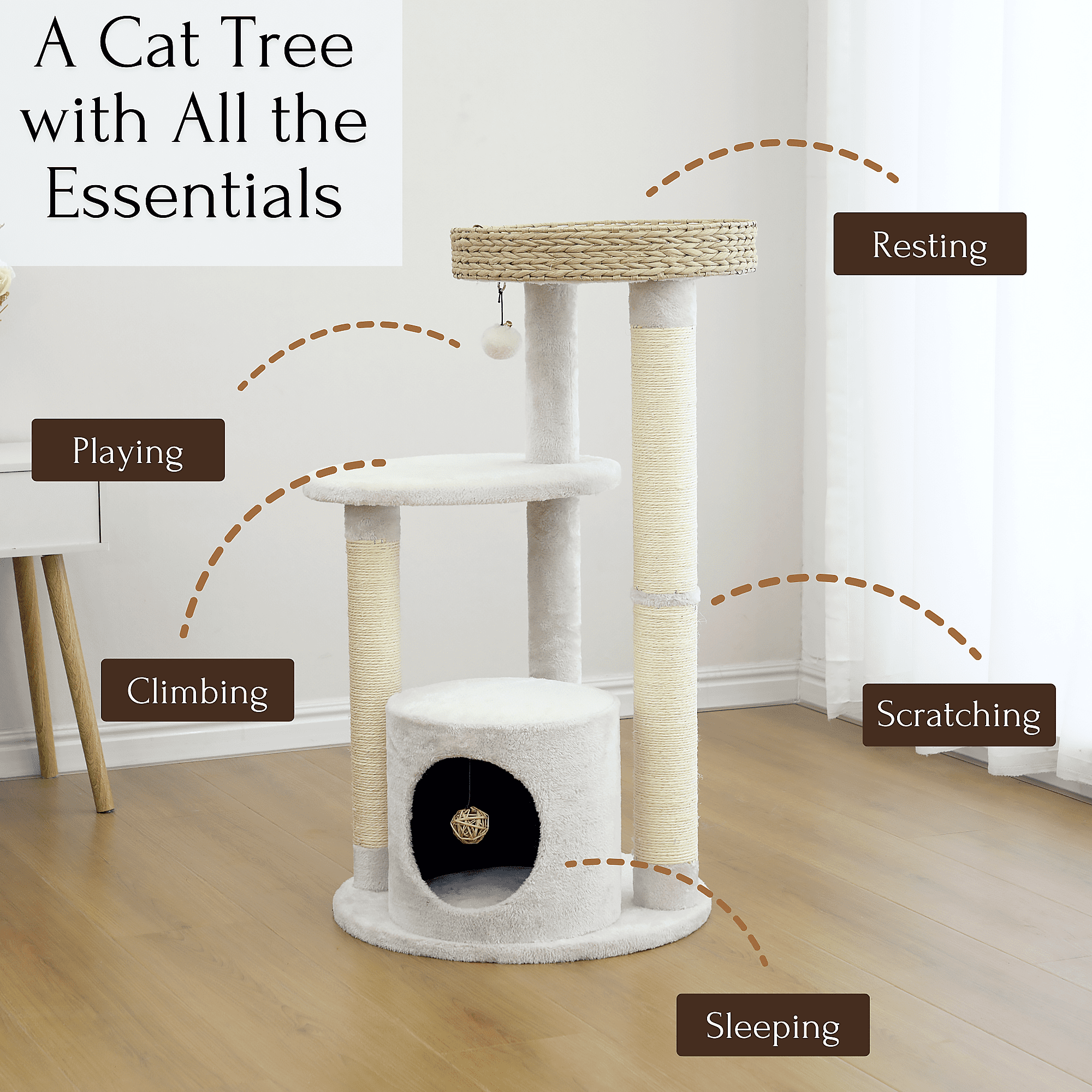 PetPals®  35.8" Cat Tree with  Top Nest Bed, Natural Sisal Scratching Posts, Large Base Condo,  Cream