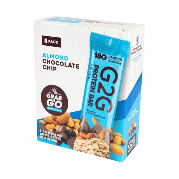 G2G Protein Bar, Almond Chocolate Chip, Gluten-Free, Clean Ingredients, Refrigerated for Freshness, (Pack of 8)