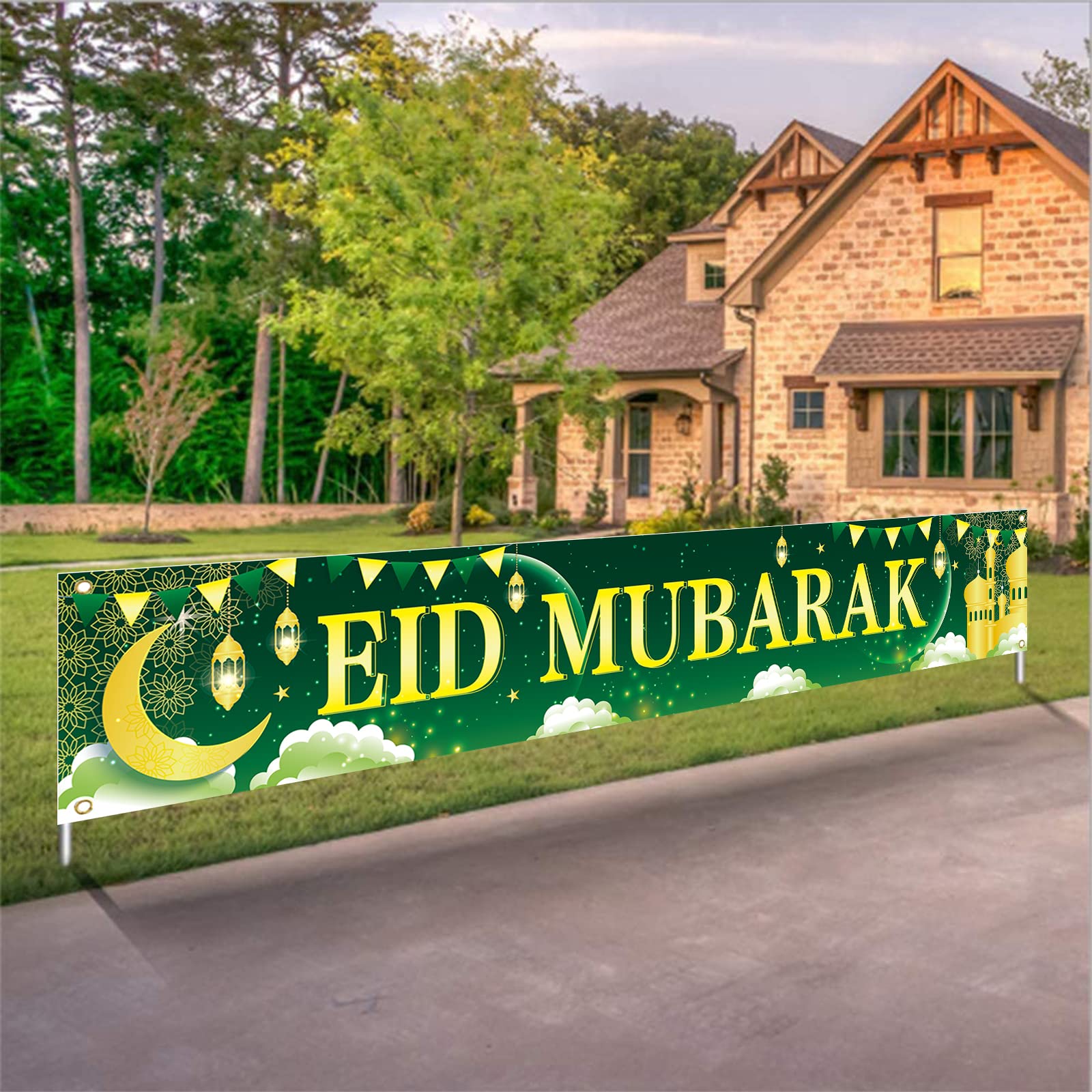 Eid Mubarak Decorations Banner, Muslim Ramadan Kareem Eid Mubarak Banner, Green Eid Mubarak Yard
