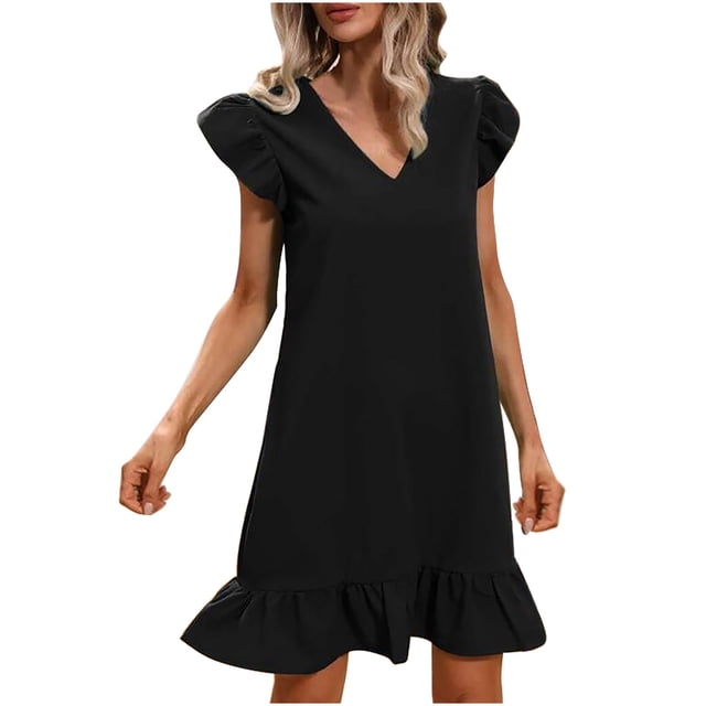 AherBiu Summer Dresses for Women Ruffle Shoulder V Neck Beach Wear Vacation Straight Midi Short Dress