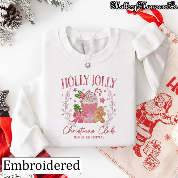 Embroidered Holly Jolly Christmas Club Sweatshirt, Festive Coffee Hoodie, Cute Gingerbread Embroidery Shirt, Cozy Holiday Winter Gift Tee