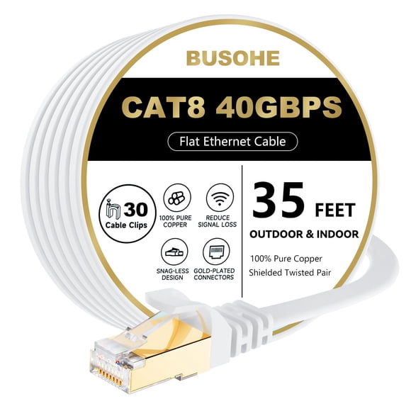 Cable Ethernet BUSOHE Cat 8, 35 pies, 40 Gbps, 2000 Mhz, RJ45, blanco
