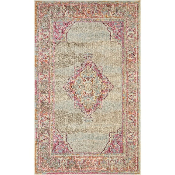 3.25' x 5.25' Beige and Pink Bohemian Medallion with Border Rectangular Area Throw Rug