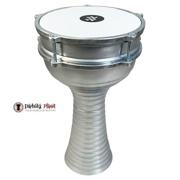 Zaza Percussion 16'' Silver Turkish Aluminum Darbuka Doumbek, Synthetic Head and Internal Jingles