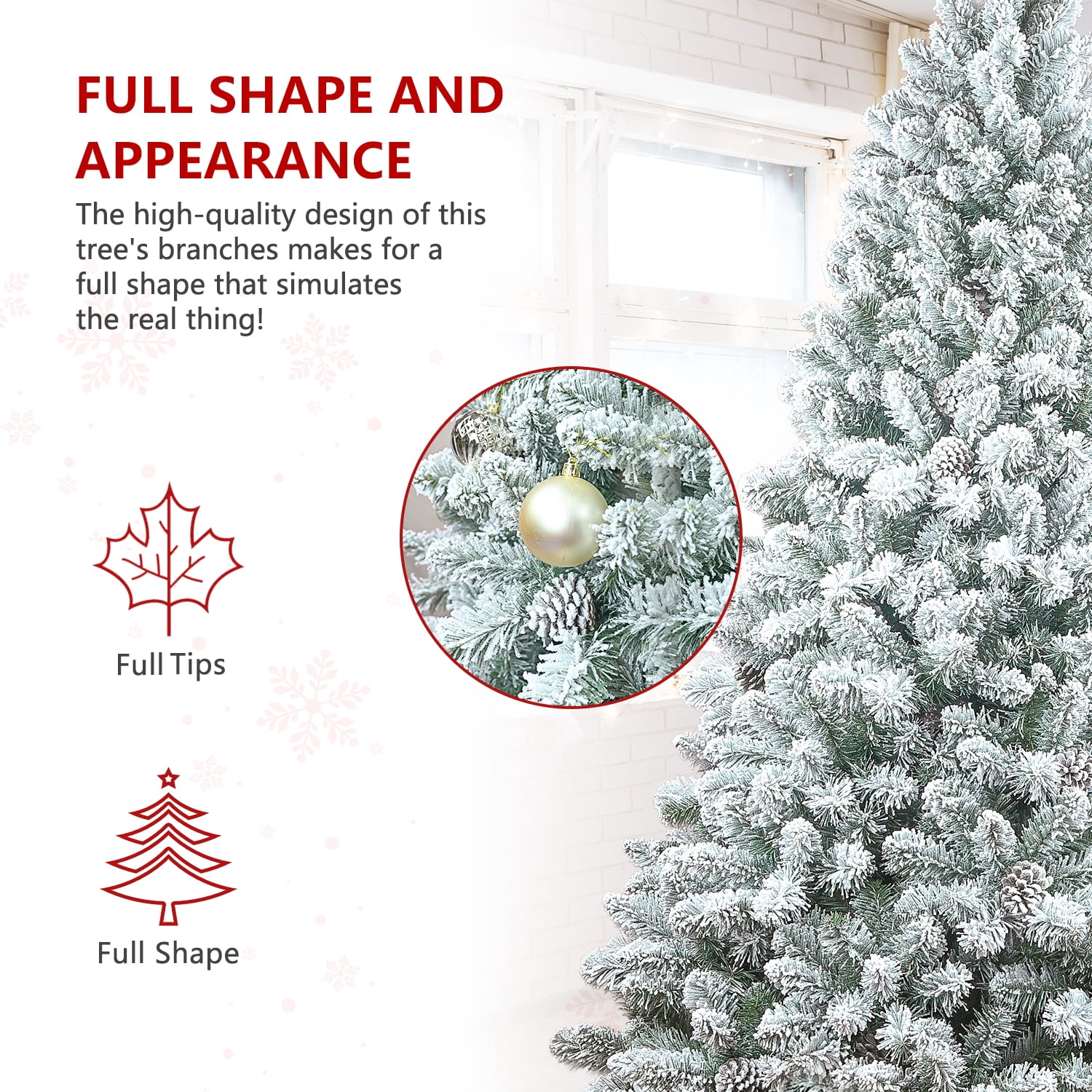 5 Ft Flocked Christmas Tree with Pine Cones, Snowy PVC Artificial Holiday Tree, 600 Tips, 27 Natural Pinecones, Sturdy Metal Stand, Full Shape for Seasonal Decoration
