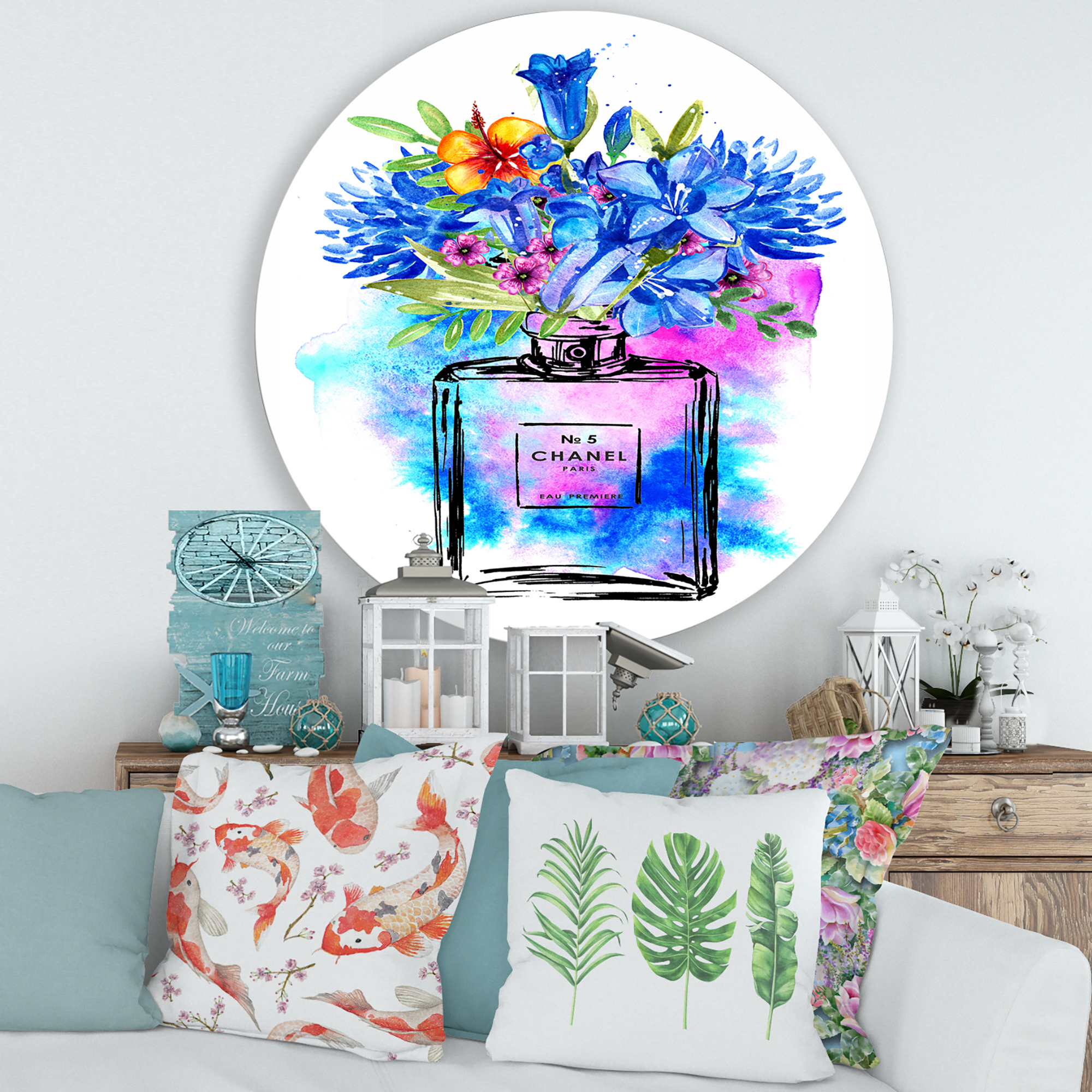 Designart 'Perfume Chanel Five With Blue Flowers' French Country Circle Metal Wall Art 36x36 - Disc of 36
