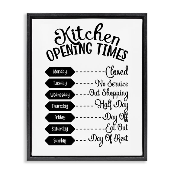 Stupell Industries Rustic Lodge Kitchen Opening Times Humorous Antique Text Style Black Floating Frame Canvas Art, 17 x 21, by Lettered and Lined
