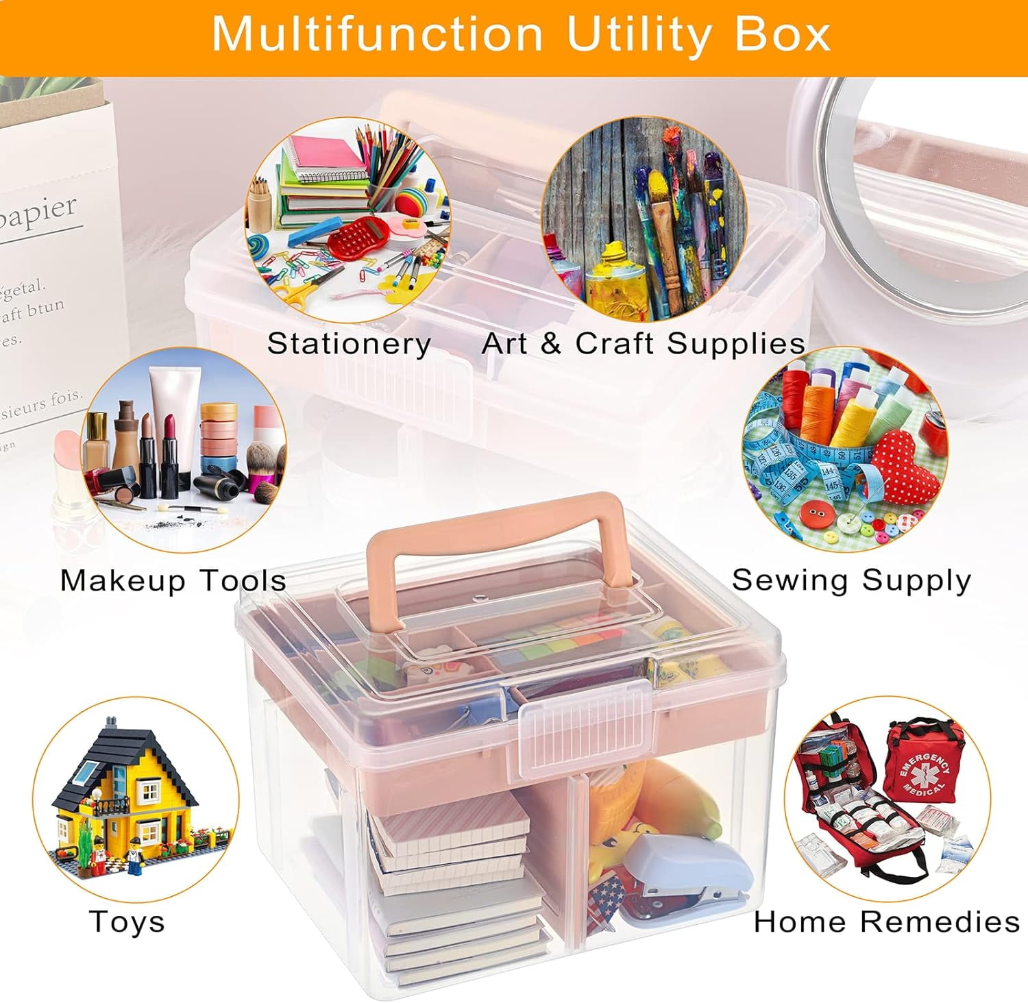 ABPETE 2 Layer Clear Plastic Dividing Storage Box with Removable Tray Multipurpose Stationery Storage Box with Handle Portable Sewing Box Art Craft Supply Organizer Home Utility Box (Small Pink)