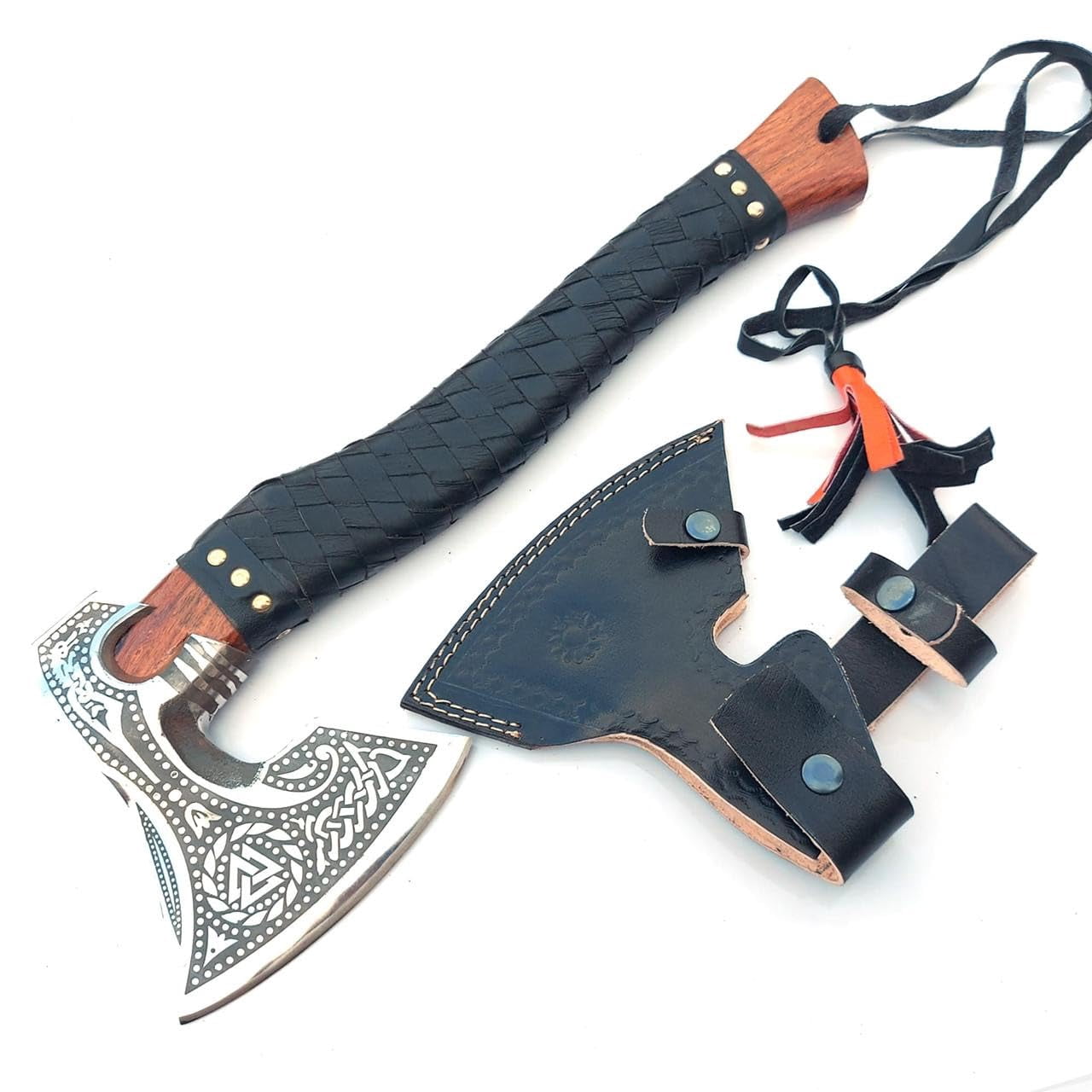 Poshland AX-7000 Handmade Camping Hatchet with Wooden Handle, Carbon Steel Outdoor Chopping Tool with Leather Sheath (22”)