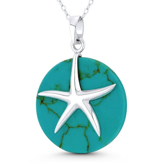 Starfish Ocean Sealife Charm Synthetic Turquoise 37x25 (1.5x1in) Pendant & Chain Necklace in .925 Sterling Silver