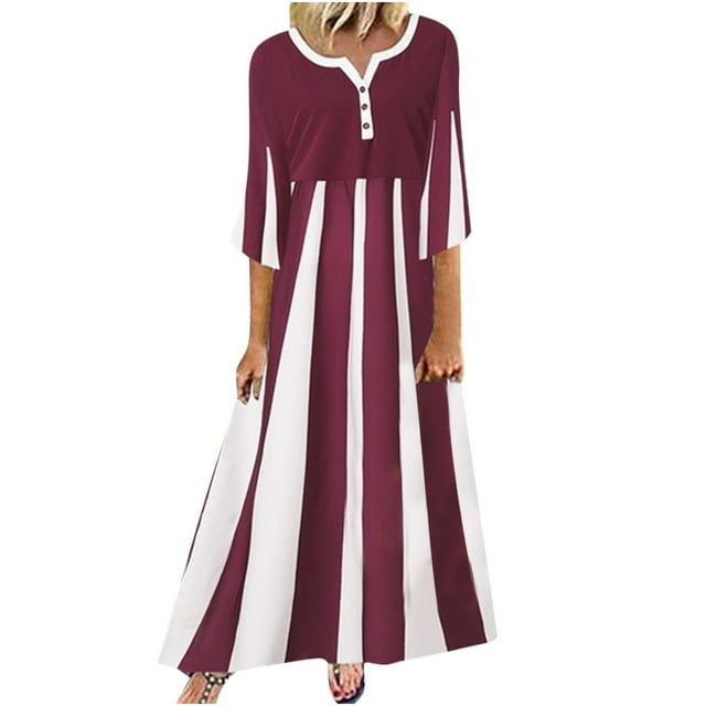 Birdeem Robe Midi Décontractée à Rayures pour Femmes, Manches Mi-Longues