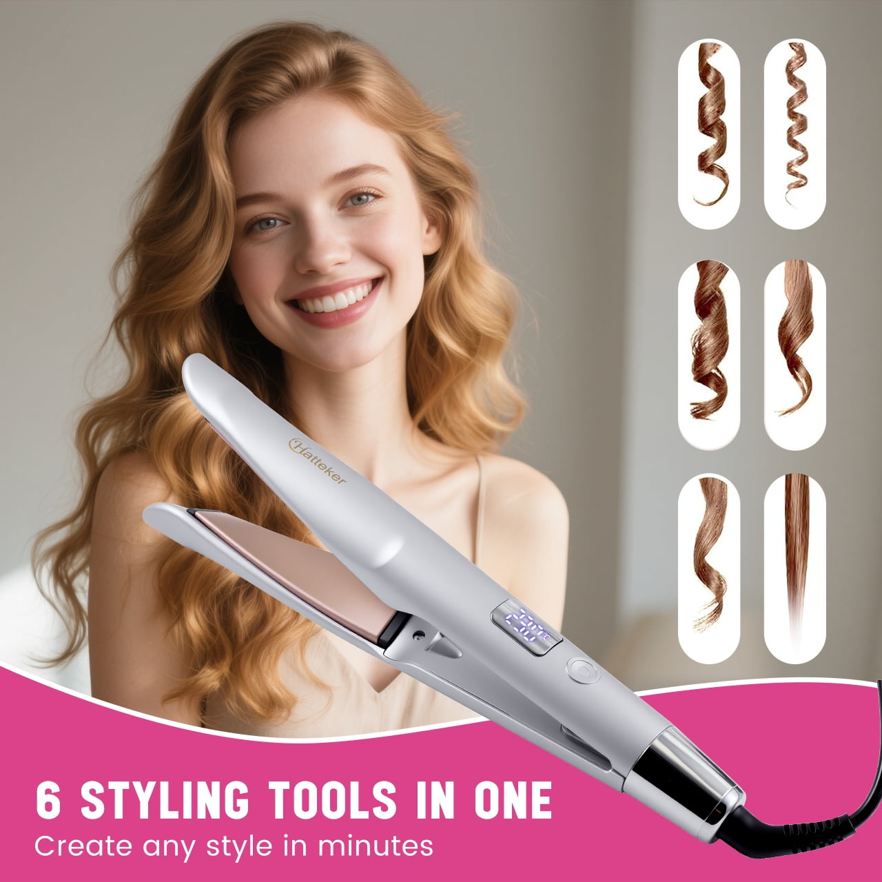 HATTEKER Professional 2-in-1 Curling & Straightening Iron - Hair Straightener - Curling Iron - 11 Temperature Settings - Auto Shut-off - Silver