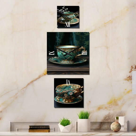 Designart "Elegant Tea Elixir" Drinkware Oversized Wall Clock - Set Of 3 - Extra large Traditional Clock For Office Décor - Large Vertical Clock