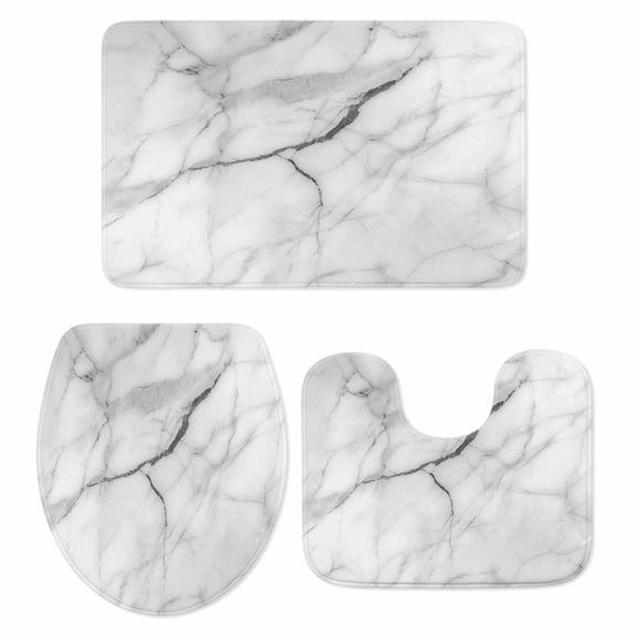 White Marble Bath Mat 3 Piece Bathroom Rug Set, Modern Geometric Abstract Minimalist Crack Non Slip Bath Rug Contour Mat and Toilet Lid Cover, Absorbent Shower Mats Soft Bath Rugs and Mats Sets