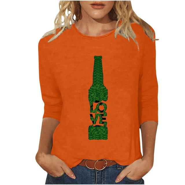 Pompotops T-Shirt d'Été Décontracté pour Femmes Imprimé Bière Col Rond Manches 3/4 Ample en Solde