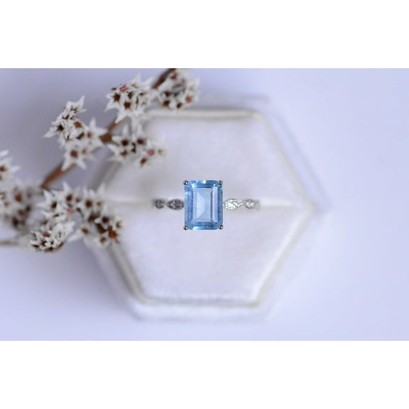 3Ct Emerald Cut Genuine Aquamarine Vintage Style Ring, Size 5
