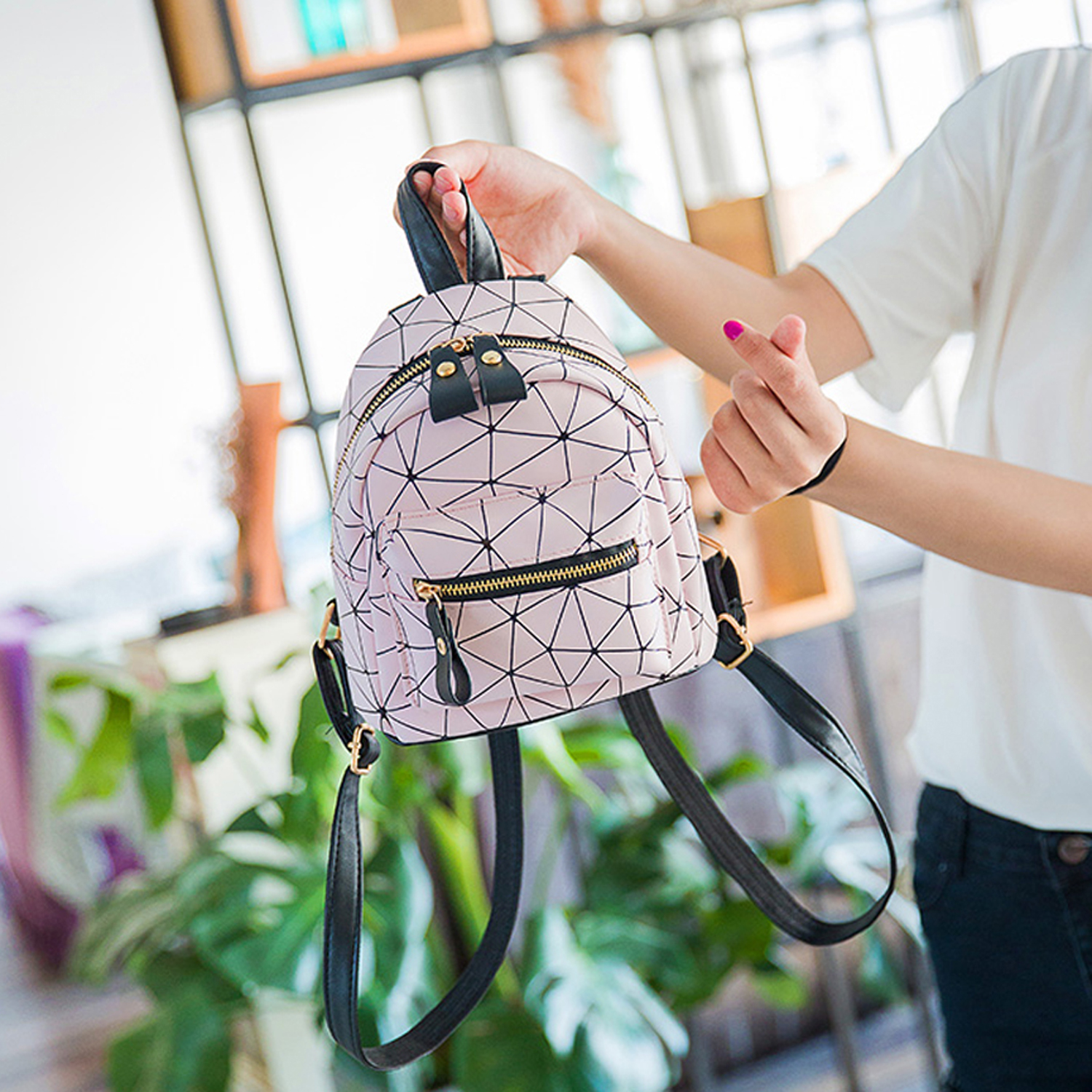 Bebiullo Mini Leather Backpack, Small Geometric Backpack for Women Waterproof Shoulder Bag for Teen Girls School Bag Travel Bag - image 2 of 6