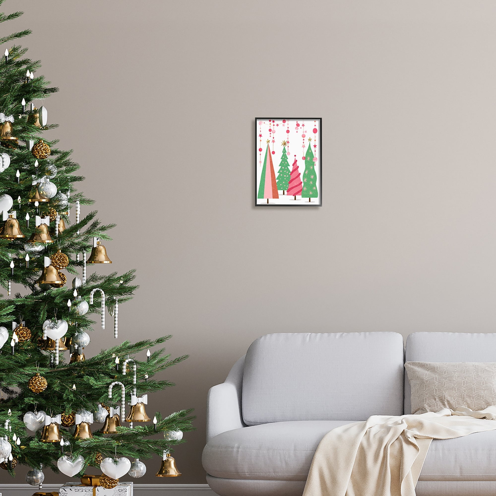 Stupell Industries Pink & Green Christmas Trees Holiday Painting Gray Framed Art Print Wall Art